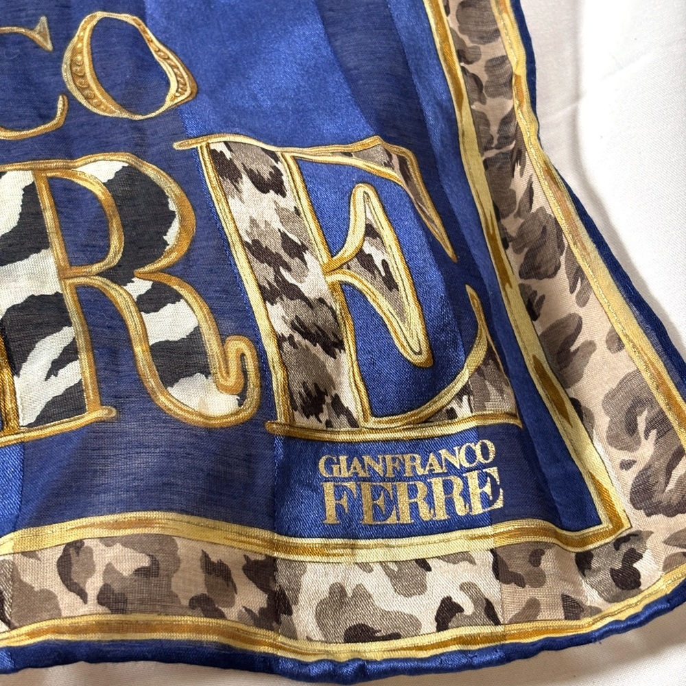 Gianfranco Ferré Vintage Logo Scarf, Navy Silk Leopard Print, 90s Italian Design - Picture 4 of 4